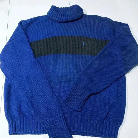 Polo Ralph Lauren Turtleneck‎ Sweater 100% Cotton Mens XL Blue Black Front Logo